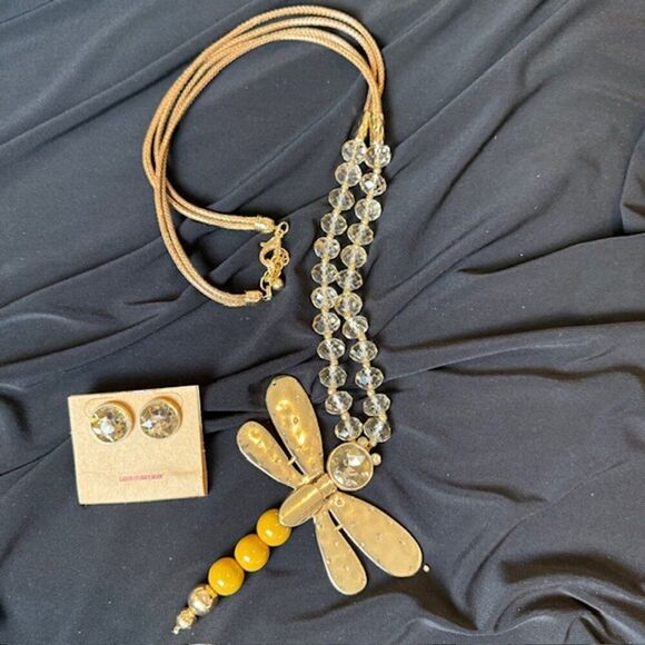 NWT Dragonfly Statement Necklace and Earrings Set Gold Tone Beads Crystals - Picture 6 of 12